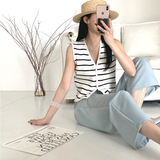 Latest Summer Women's Tank Tops - Striped Button-Up Cropped Vest - Sleeveless Cardigan Sweater T Shirt, White