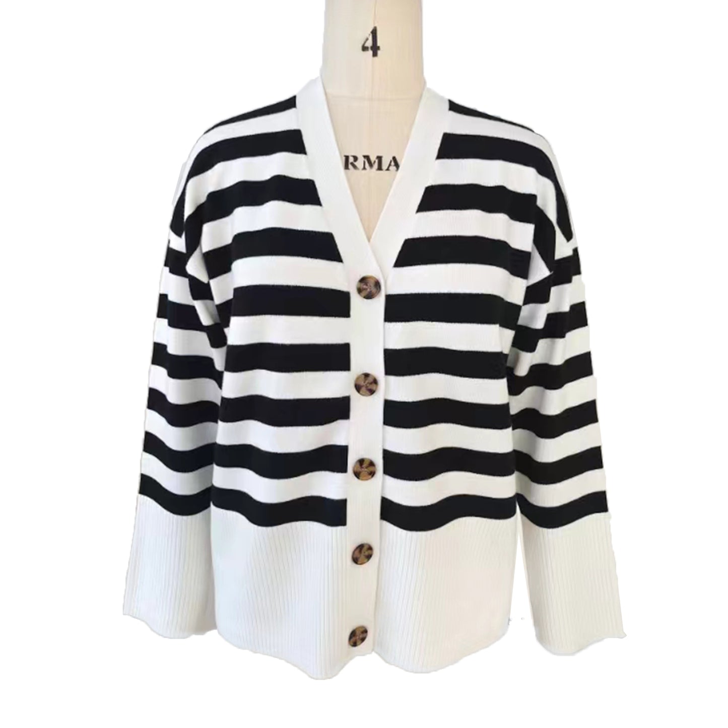 Women's V Neck Button Down Long Sleeve Cardigan - Casual Soft Knit Sweater, White & Black