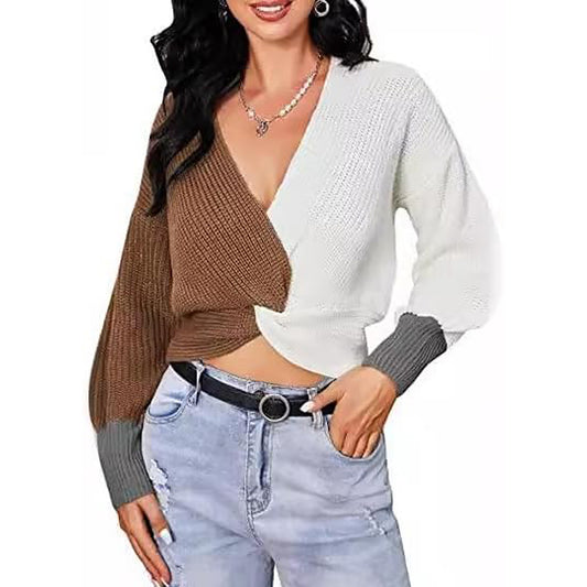 Women's Long Sleeve Loose Criss Cross Twisted Back Pullover Knit Cropped Sweater Jumper